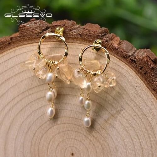 GLSEEVO Yellow Crystal Freshwater Pearl Drop Earrings For Women Wedding Ear Pin 925 Sterling Silver Handmade Jewelry GE0991F