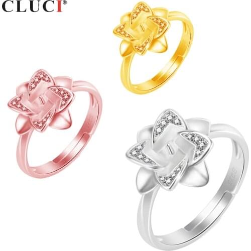 CLUCI 925 Sterling Silver Flower Ring for Women Jewelry Silver 925 Pearl Ring Mounting Adjustable Zircon Ring SR2172SB