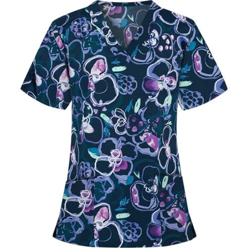 2021 Summer Women Floral Print Short Sleeve V-Neck Nursing Tops Working Nurse Uniform Casual T-Shirts Gorro Enfermera A40