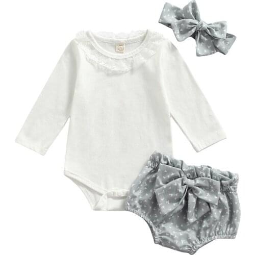 0-18M Cute Newborn Baby Girl Long Sleeve Lace Collar Cotton Bodysuit Tops Bow Bloomers Shorts Headband 3PCS Clothing Set