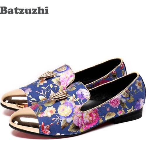 Batzuzhi New Handmade Men Shoes Golden Metal Tassel Flowers Pattern Leather Casual Shoes Men Wedding and Party Loafers Men Flats