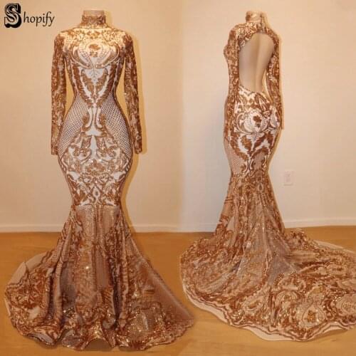 Sparkly Sexy Long Sleeves High Neck Backless Rose Gold African Black Girl Sequin Long Mermaid Prom Dresses 2020