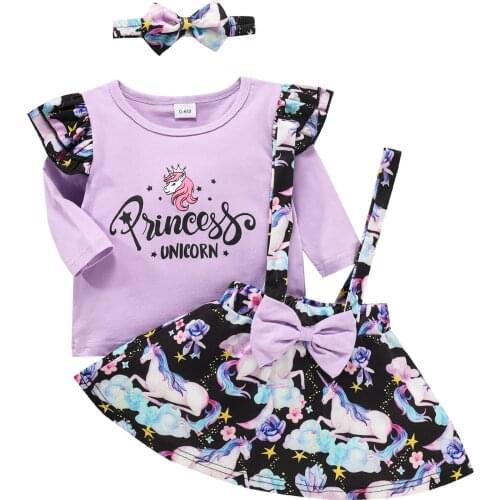 Baby Long Sleeves + Suspender Skirt + Bow Headband Flower Pattern Letter Printing Spring Clothing