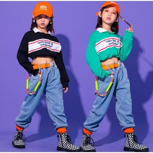 Kid Festival Hip Hop dancing Outfits Green Sweatshirt Crop Tops Jogger Pants for Girls Dance Costumes Street Clothes wear