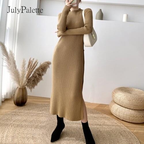 JulyPalette Solid Half High Collar Women Knitted Long Dress Elegant Ladies Side Split Slim Dress 2021 Casual Basic Sweater Dress