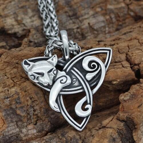 Celtic fox cat pendant necklace - stainless steel