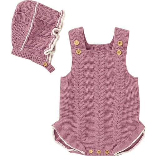 Newborn Baby Bodysuits Fashion Solid Knitted Infant Bebes Girls Body + Caps 2pcs Outfit Set Autumn Winter Toddler Kids Jumpsuits