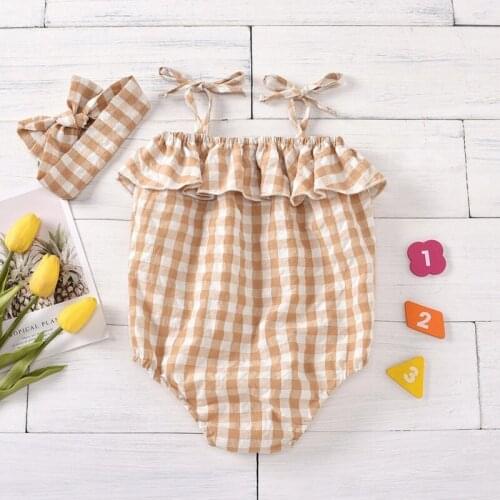 Summer Baby girl Bodysuits One-piece Harpy Suit Girl Baby Yellow Plaid One-piece Harpy lovely Suit for 0-2 years old baby
