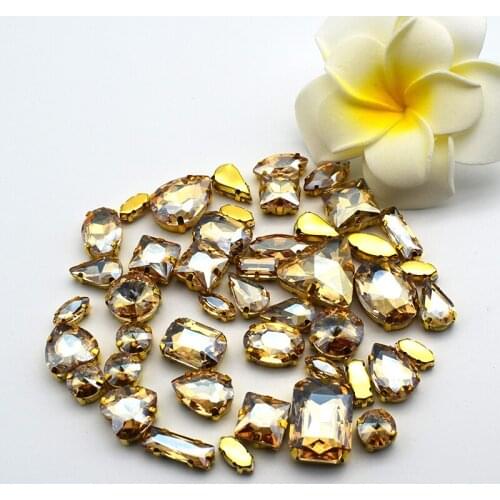 Top Sale Champagne Mix Shape Glass Crystal Sew on Rhinestones Gold Claw DIY Clothing