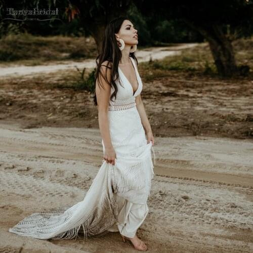Lovely Lace Wedding Dresses Rormantic Tassel Fringe Mermaid Bridal Gowns Backless Vestido De Noivas Gypsy Robe Boho Gowns DW424