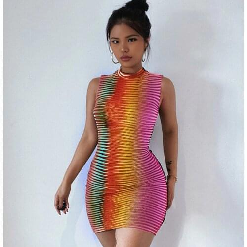 Fashion Womens Summer Sleeveless See-through Tight Striped Hip Mini Dress Sundress 2021 Womens Street Wear