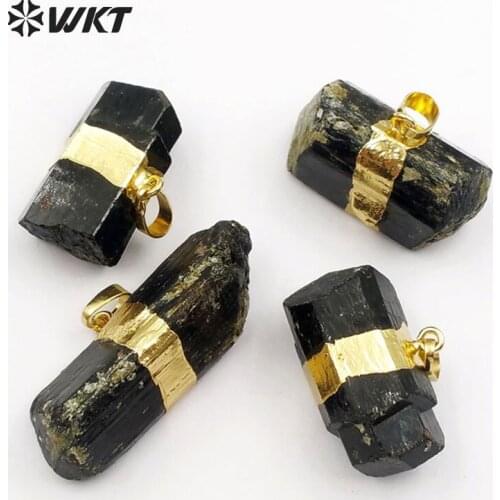 WT-P315 Special Design Natural Black Raw Tourmaline Pendants, Natural Black Stone With Gold Trim Pendants For Jewelry Making