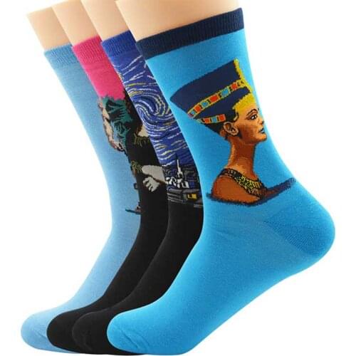 AZUE 4 Pairs Womens Cartoon Painting Socks Art Pattern Designed Casual Socks Lovely Crew Socks
