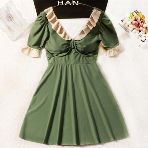 2021 New Women One Piece Swimwear Short Sleeve Swim Beach Dress Solid Bathing Suit Swimming Beach Wear Swimsuit Female Swimdress