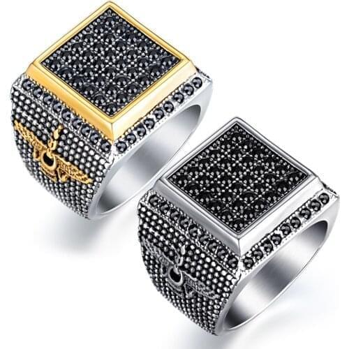 New Fashion Retro Big Ring Front Square for Men Inlaid Black Stone Crystal Eagle Pattern Ring Accessories Party Jewelry Size8-12