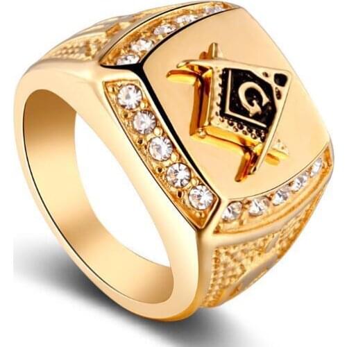 Newly Vintage Gold Crystal Masonic Freemason Rings Free Mason Rings Mens Fashion Jewelry Accessory Wholesale 20pcs/lot