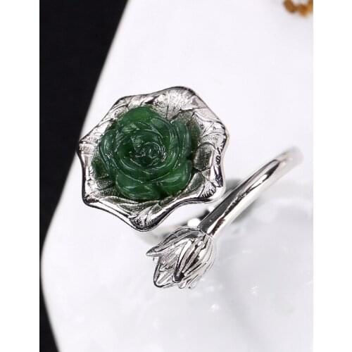 S925 silver retro mosaic and field Blue Cloisonne lotus flower opening ring