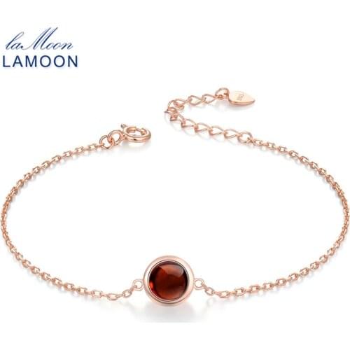LAMOON Classic Simple 6mm 1.1ct 100% Natural Red Garnet 925 Sterling Silver Jewelry S925 Charm Bracelet LMHI021