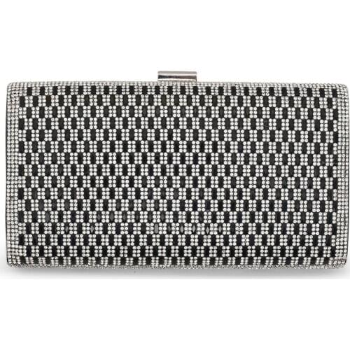 Woman Clutch Bag Metal Frame Evening Hard Case Hand Bag Sparkling Rhinestones Slim Shining Paillette Decor Shoulder Bag Black