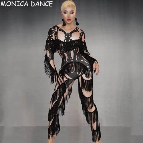 Women Sexy Nightclub Stage Crystal Tassel Party Jumpsuit Elegant Strapless Deep V-neck Bandage Female Jumpsuits Dance Costume