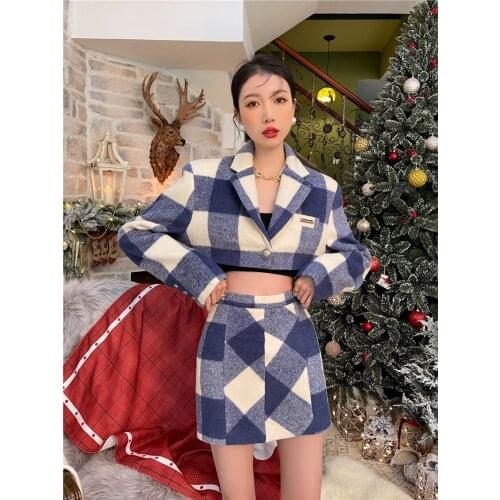 High Quality Wool Blends Plaid 2 Piece Set Women 2021 New Vintage Designer Long Sleeve Short Coat + Mini Skirt Fashion Suit