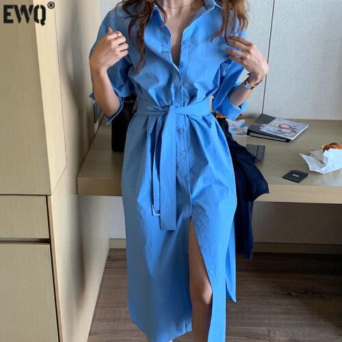 [EWQ] Korean Chic Autumn Simple Blue Lapel Single-breasted Loose Belt Long Sleeve Shirt Dress Women Turn-down Collar Dresses