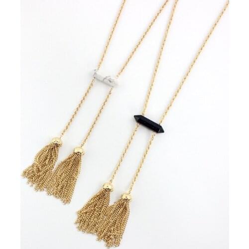 2019 New Personalised Tribal White and Black Stone Natural Bullet Stone Double Long Tassel Necklace for Women