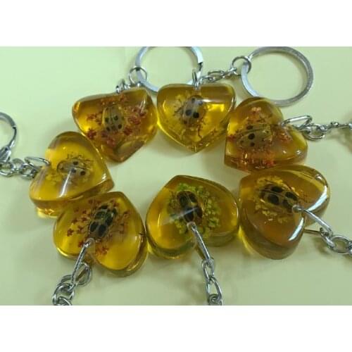 Free Shipping 12 keychain real ladybird yellow cute heart design jewelry