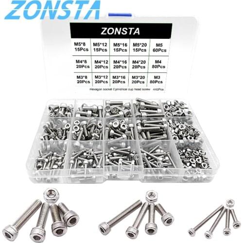 440pcs Hexagon Hex Socket Cup Head M3 M4 M5 Bolts and Nuts Combination 304 Stainless Steel Allen Screws Kit Assortmens