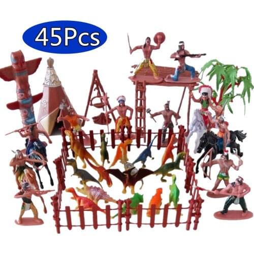 45Pcs Plastic Indian Dinosaurs Model Figures Toy Horse Tent Totem Indians Miniature Playset Kids Children Gift Soldier Set Toys