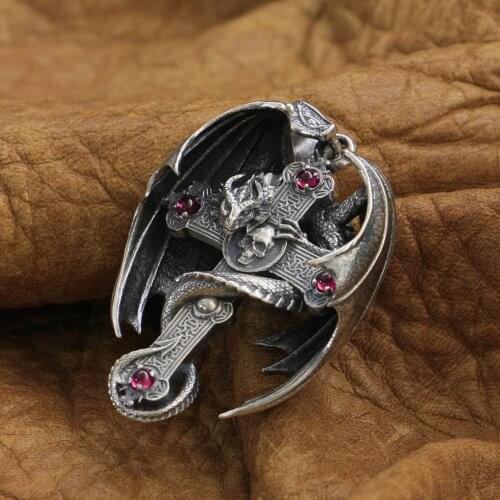 925 Sterling Silver Gothic Dragon Cross Pendant Mens Biker Punk Pendant TA255