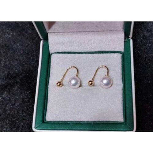 Noble jewelry pair 7-7.5mm Natural Japanese AKoya white pearl earring G18K Yellow Gold Drop Earrings accessory