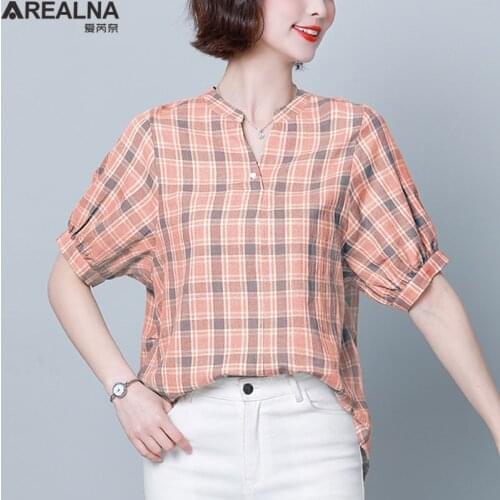 New Casual Orange and green Plaid Women Blouses korean fashion V-neck Shirts women casual Loose camisa Tops summer 4XL Plus Size