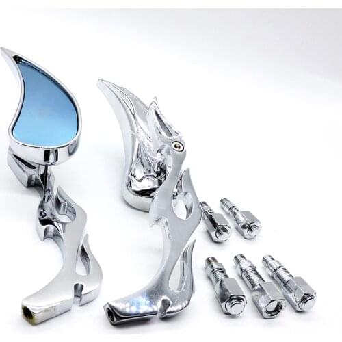 Chrome Motorcycle Rear View Side Mirror Flame Fire Aluminum Stem Blue Glass 8mm 10mm Side Mirrors for Chopper Cruiser Cafe Racer