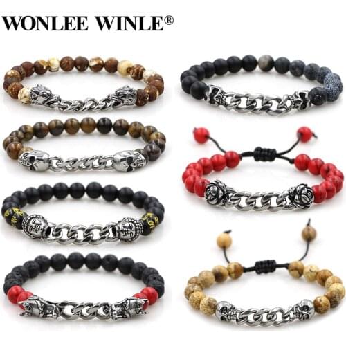 Natural Stone Tiger Eye Bead Bracelet Stainless Steel Skull Leopard Animals Chain Charms Bracelet Jewelry for Men Women