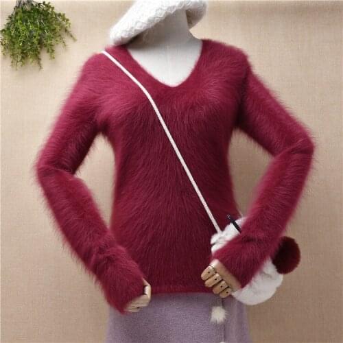 Ladies women fashion plush mink cashmere knitted long sleeves slim blouses pullover angora rabbit hair winter jumper sweater top