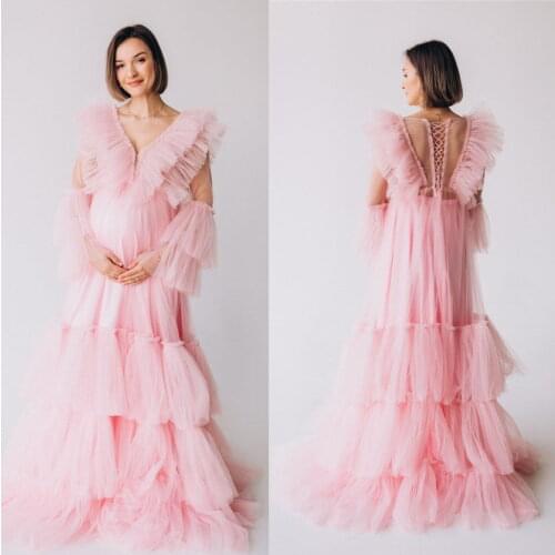 Elegant Pink Maternity Gowns For Photoshoot Tiered Skirts Lace UP Back Women Maxi Dress for Photography Pregnancy Party Wear