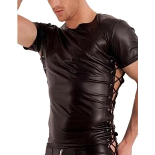 Men Faux Leather Solid Color Elastic Top Side Lace Bandage T Shirts Fetish Gay Bar Stage Performance Slim T-shirt