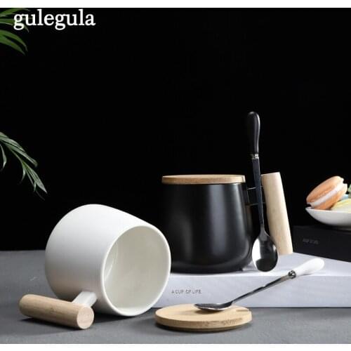 Japanese Style Ceramics Mugs Coffee Cups with Lid Spoon Wooden Handle Milk Juice Tea Water Bottles Heat-Resistant Home Drinkware
