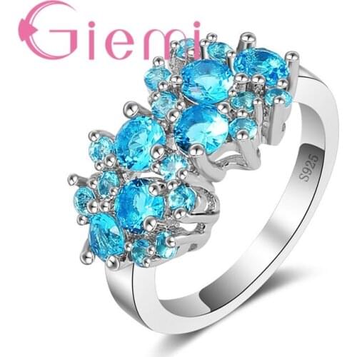Gorgeous Lake blue Austrian Crystal Flower Rings for Women Girls Elegant Gifts High Quality 925 Sterling Silver Bague