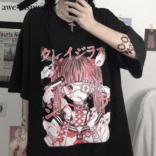Summer Tee Aesthetic Women short-sleeve T-shirt Punk Dark Streetwear Top Gothic Harajuku Plus size loose dark BF ins Japanese