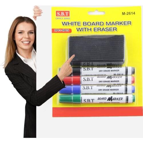 4PCS White Board Marker Pens and 1PC Eraser Whiteboard Low Odor Dry Erase Fine Point Pen for School Classroom Office Home