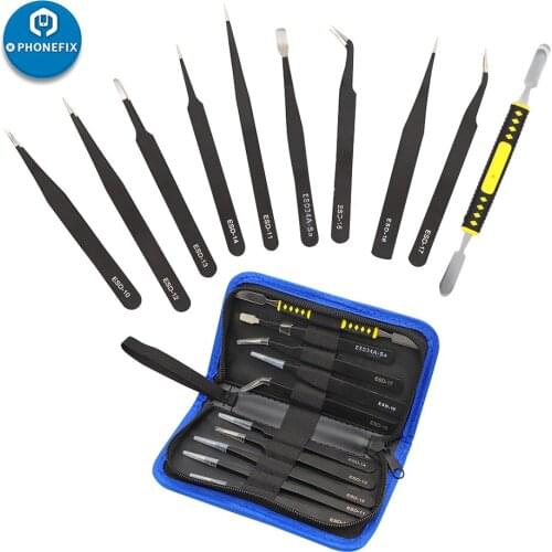 10pcs ESD Tweezers Set Stainless Steel Anti-Magnetic Anti-static Precision Tweezers with Double-head Metal Crowbar Storage Bag