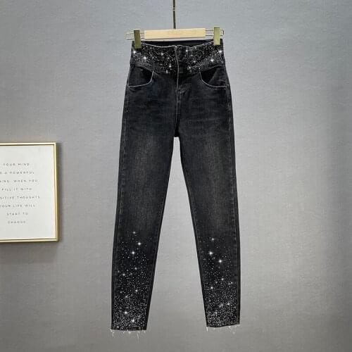 2021 Autumn New Slim Jeans European Station Rhinestone Waist Skinny Pants Trousers Black Women Denim Pants Student Elastic Jeans