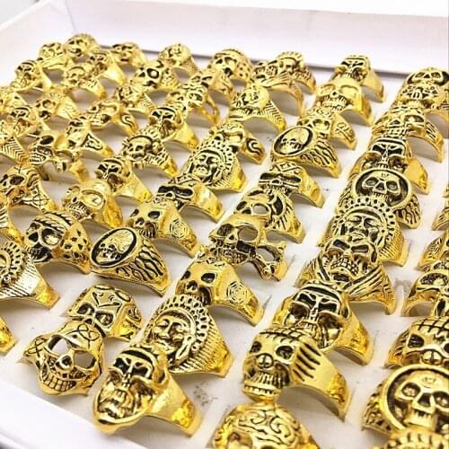 Wholesale Bulk 50pcs Mixed Styles Mens Womens Gold Punk Biker Skull Sports Rings Fashion Jewelry