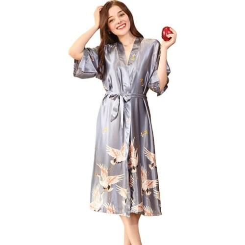 " Increase Fertilizer Enlarge " Imitate Real Silk Pajamas Girls Sleeve Morning Gown Silk Robe Home Furnishing Serve