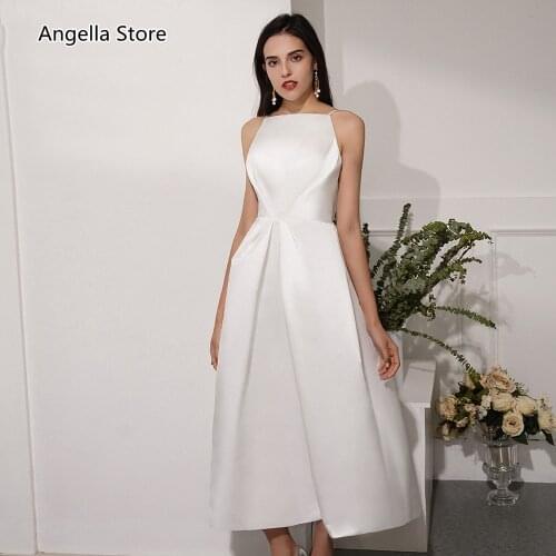 Korean Simple Short White Satin Wedding Dresses A-Line 2021 Backless Tea Length Spaghetti Bridal Gowns Robe De Mariage