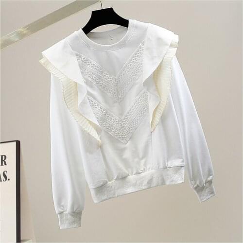 Pullovers for Women Pleated Contrast-Color Ruffled Lace Stitching Long-Sleeved Sweatshirt Loose Hoodies Femme Top Mujer