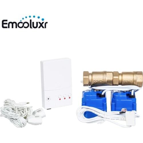 Battery Backup EU Plug Powered Water Leakage Detector with 1/2", 3/4", 1" Motorized Brass Valve and Sensitive Water Sensor Cable