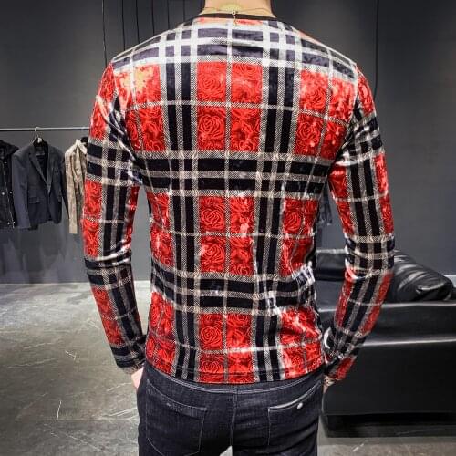 Luxury Velour Tee Fashion Print Velvet Homme Club Outfit T Shirt Men Slim Fit Long Sleeve O Neck